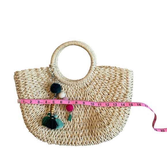 Woven Straw Beach Bag with Pom Pom Tassel Beige Chic Summer Tote Bag - Picture 7 of 8